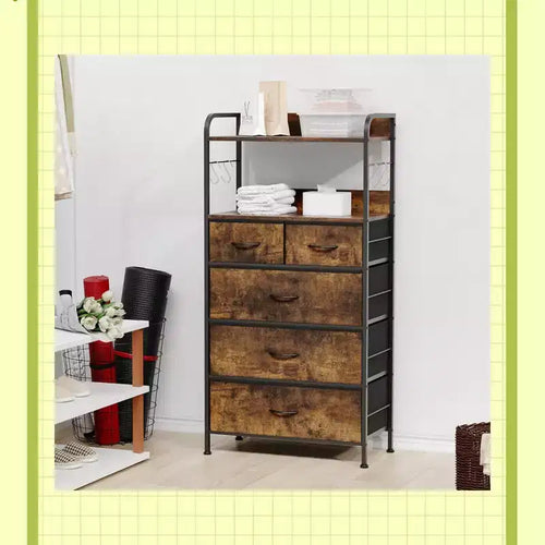 Commode à 5 tiroirs pour chambre à coucher - Tour de rangement en tissu avec plateau en bois, cadre en acier robuste, commode à poignée facile à tirer