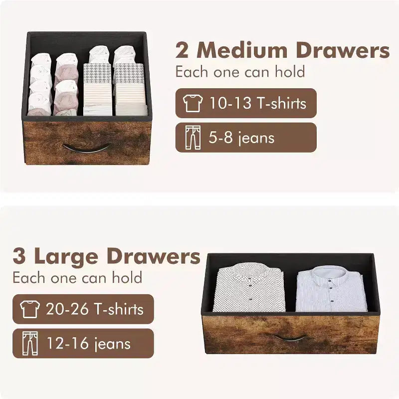 Commode à 5 tiroirs pour chambre à coucher - Tour de rangement en tissu avec plateau en bois, cadre en acier robuste, commode à poignée facile à tirer