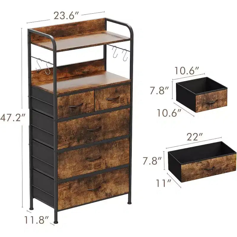 Commode à 5 tiroirs pour chambre à coucher - Tour de rangement en tissu avec plateau en bois, cadre en acier robuste, commode à poignée facile à tirer