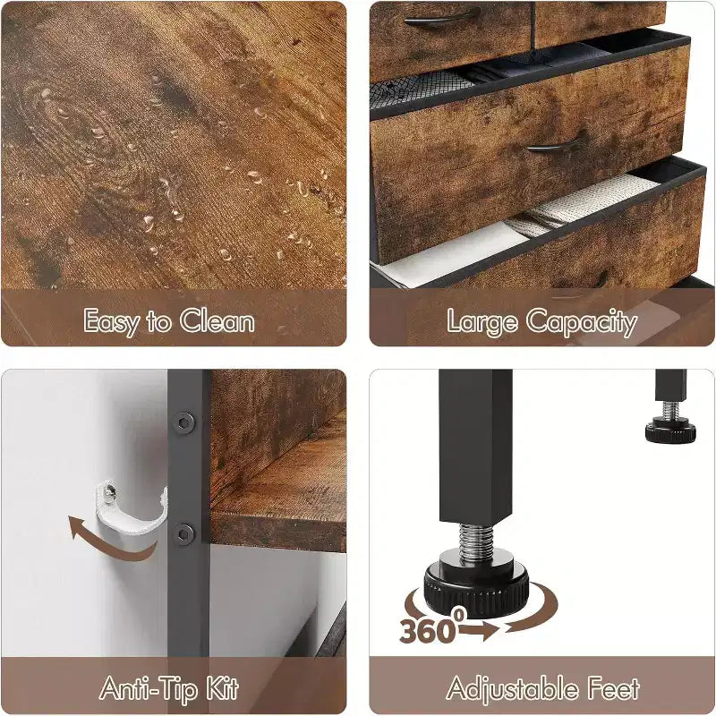 Commode à 5 tiroirs pour chambre à coucher - Tour de rangement en tissu avec plateau en bois, cadre en acier robuste, commode à poignée facile à tirer