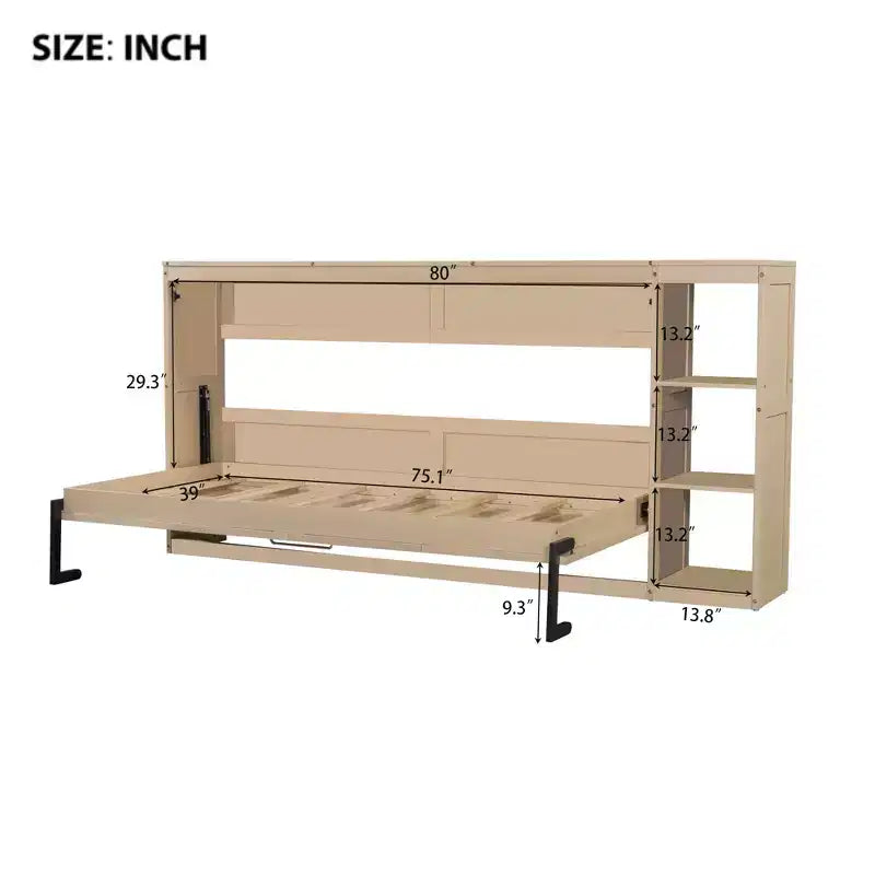 Lit escamotable simple avec bibliothèque intégrée et rangement – Conception compacte et robuste en LVL/MDF, pas besoin de sommier.