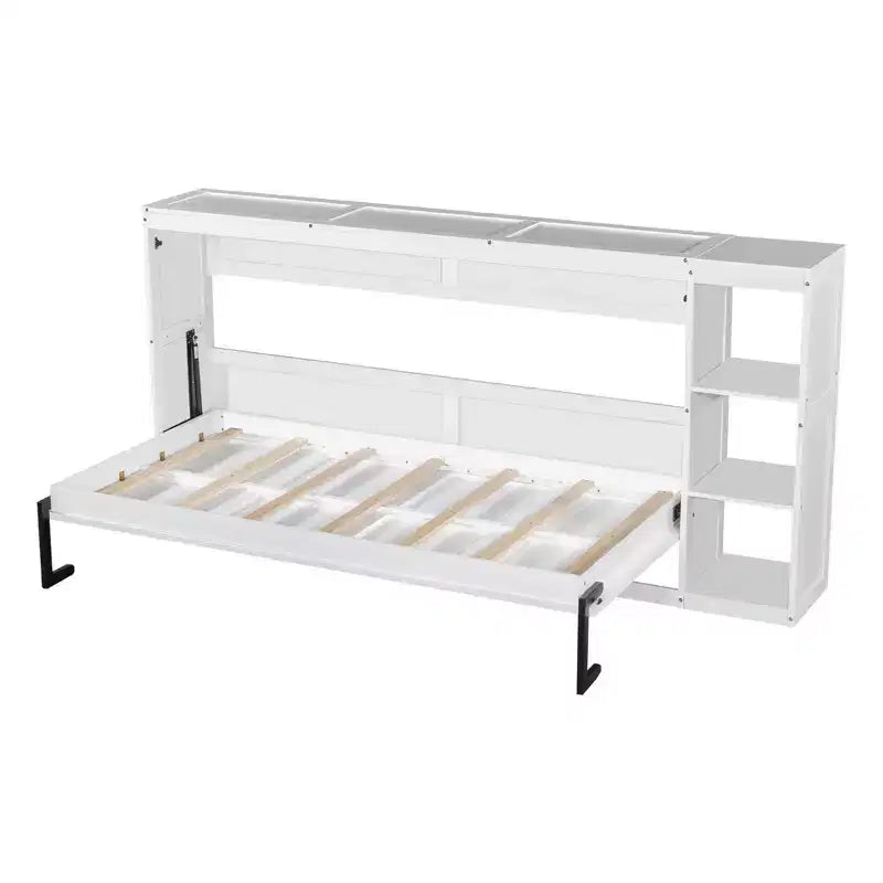 Lit escamotable simple avec bibliothèque intégrée et rangement – Conception compacte et robuste en LVL/MDF, pas besoin de sommier.