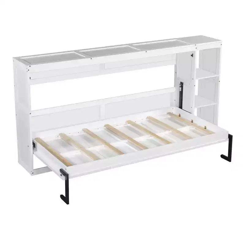 Lit escamotable simple avec bibliothèque intégrée et rangement – Conception compacte et robuste en LVL/MDF, pas besoin de sommier.