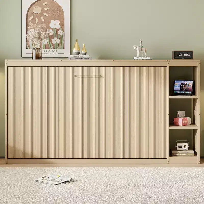 Lit escamotable simple avec bibliothèque intégrée et rangement – Conception compacte et robuste en LVL/MDF, pas besoin de sommier.