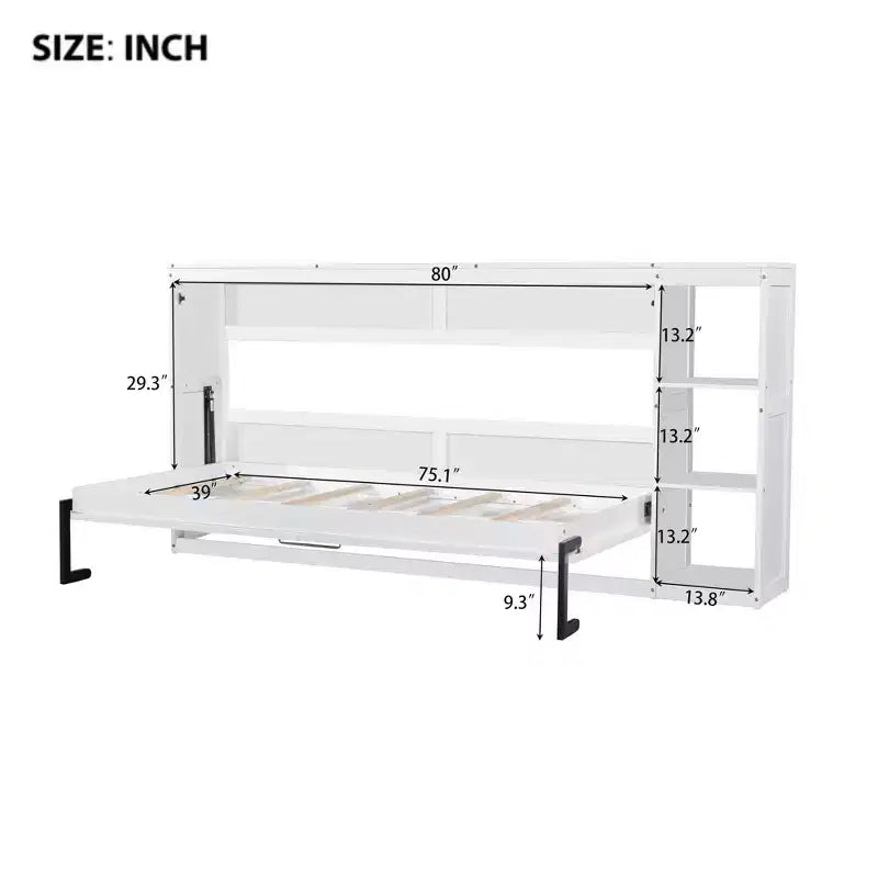 Lit escamotable simple avec bibliothèque intégrée et rangement – Conception compacte et robuste en LVL/MDF, pas besoin de sommier.