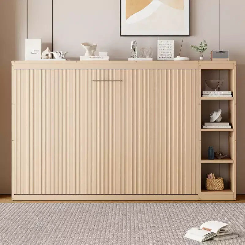 Lit escamotable simple avec bibliothèque intégrée et rangement – Conception compacte et robuste en LVL/MDF, pas besoin de sommier.