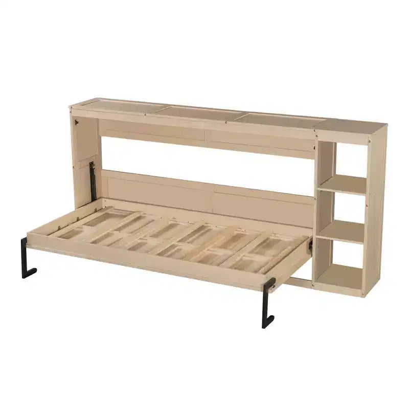 Lit escamotable simple avec bibliothèque intégrée et rangement – Conception compacte et robuste en LVL/MDF, pas besoin de sommier.
