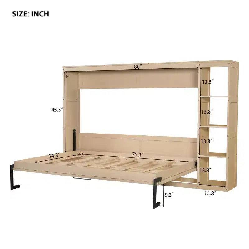 Lit escamotable simple avec bibliothèque intégrée et rangement – Conception compacte et robuste en LVL/MDF, pas besoin de sommier.