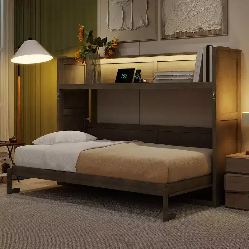 Lit escamotable simple avec bibliothèque intégrée et rangement – Conception compacte et robuste en LVL/MDF, pas besoin de sommier.