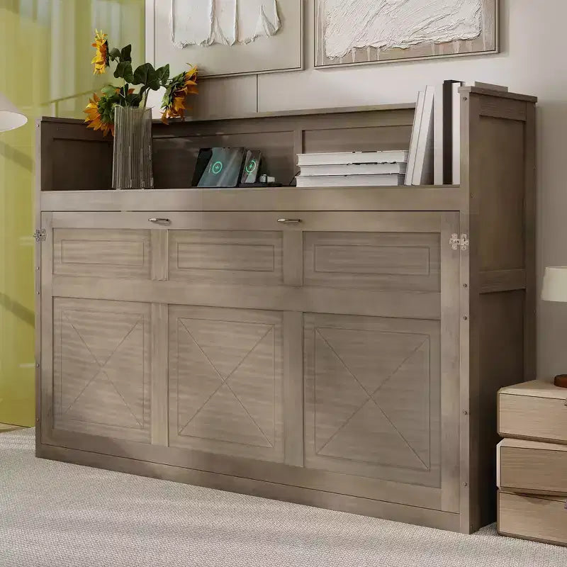 Lit escamotable simple avec bibliothèque intégrée et rangement – Conception compacte et robuste en LVL/MDF, pas besoin de sommier.