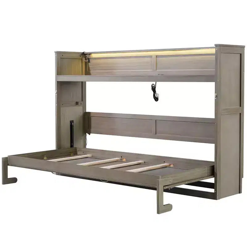 Lit escamotable simple avec bibliothèque intégrée et rangement – Conception compacte et robuste en LVL/MDF, pas besoin de sommier.