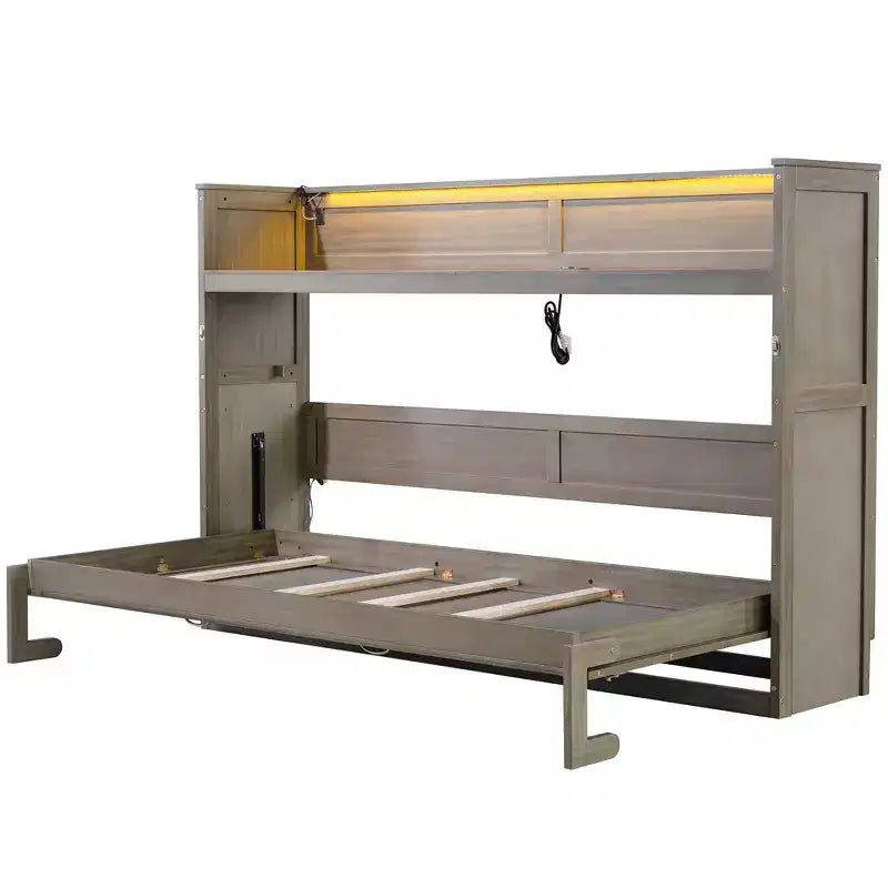 Lit escamotable simple avec bibliothèque intégrée et rangement – Conception compacte et robuste en LVL/MDF, pas besoin de sommier.