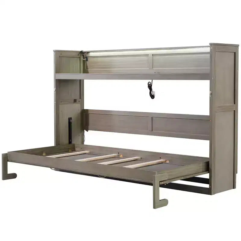 Lit escamotable simple avec bibliothèque intégrée et rangement – Conception compacte et robuste en LVL/MDF, pas besoin de sommier.