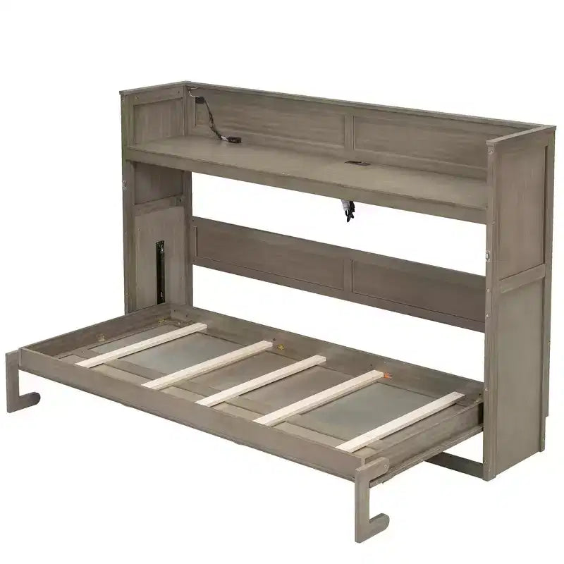 Lit escamotable simple avec bibliothèque intégrée et rangement – Conception compacte et robuste en LVL/MDF, pas besoin de sommier.