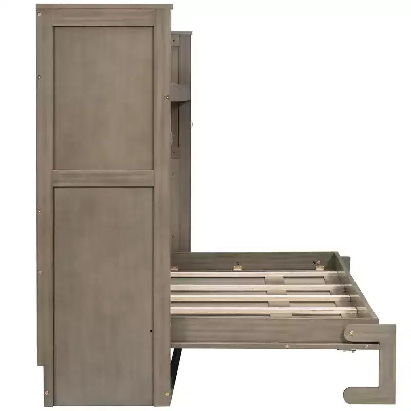 Lit escamotable simple avec bibliothèque intégrée et rangement – Conception compacte et robuste en LVL/MDF, pas besoin de sommier.