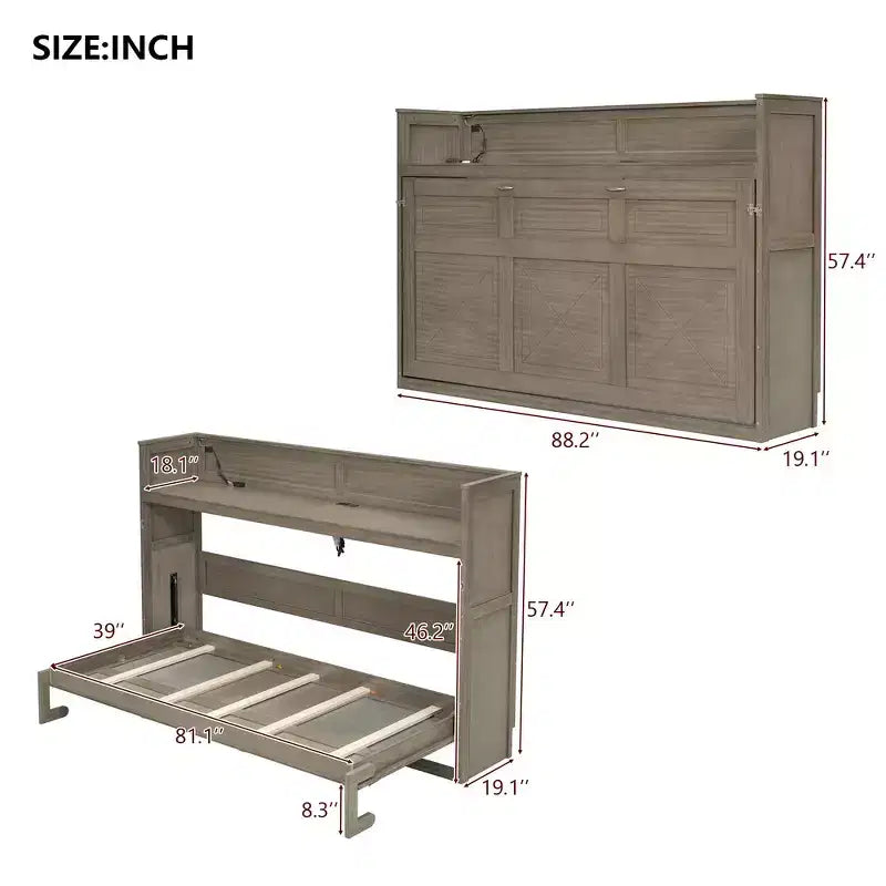Lit escamotable simple avec bibliothèque intégrée et rangement – Conception compacte et robuste en LVL/MDF, pas besoin de sommier.