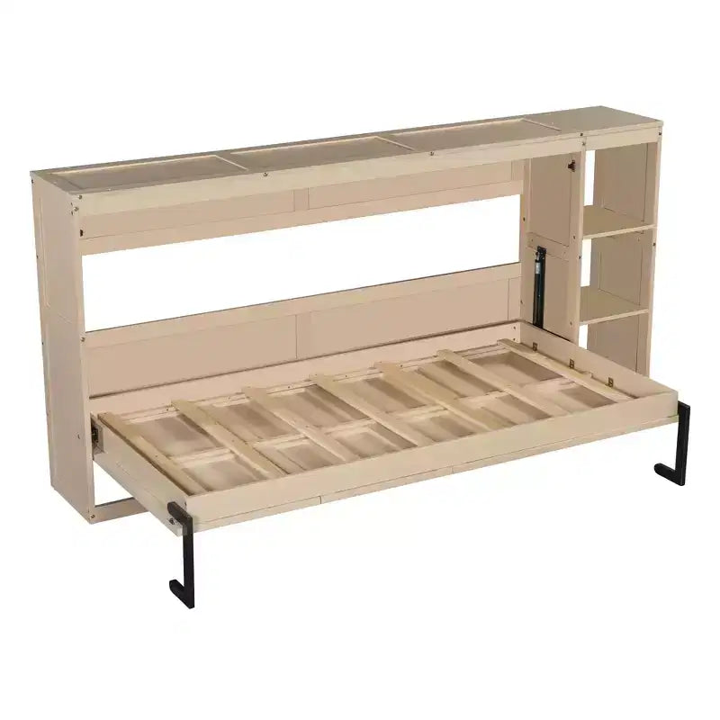 Lit escamotable simple avec bibliothèque intégrée et rangement – Conception compacte et robuste en LVL/MDF, pas besoin de sommier.