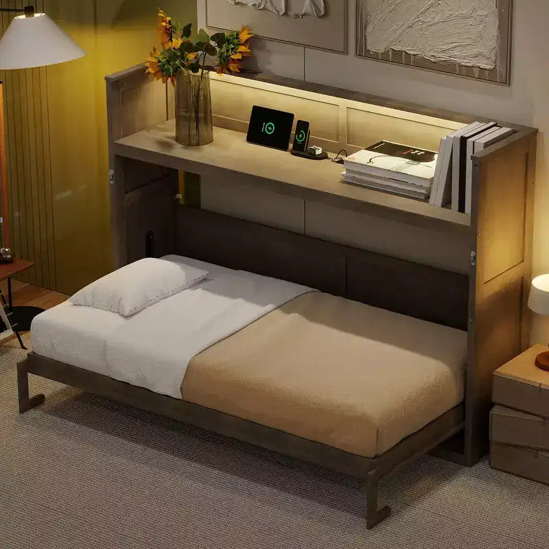 Lit escamotable simple avec bibliothèque intégrée et rangement – Conception compacte et robuste en LVL/MDF, pas besoin de sommier.