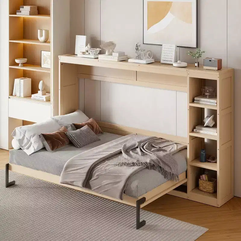 Lit escamotable simple avec bibliothèque intégrée et rangement – Conception compacte et robuste en LVL/MDF, pas besoin de sommier.