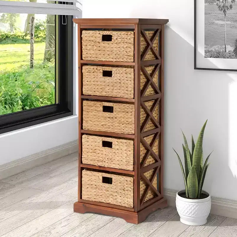 Meuble de rangement d'appoint 5 niveaux avec côté en X et 5 paniers en jacinthe d'eau naturelle
