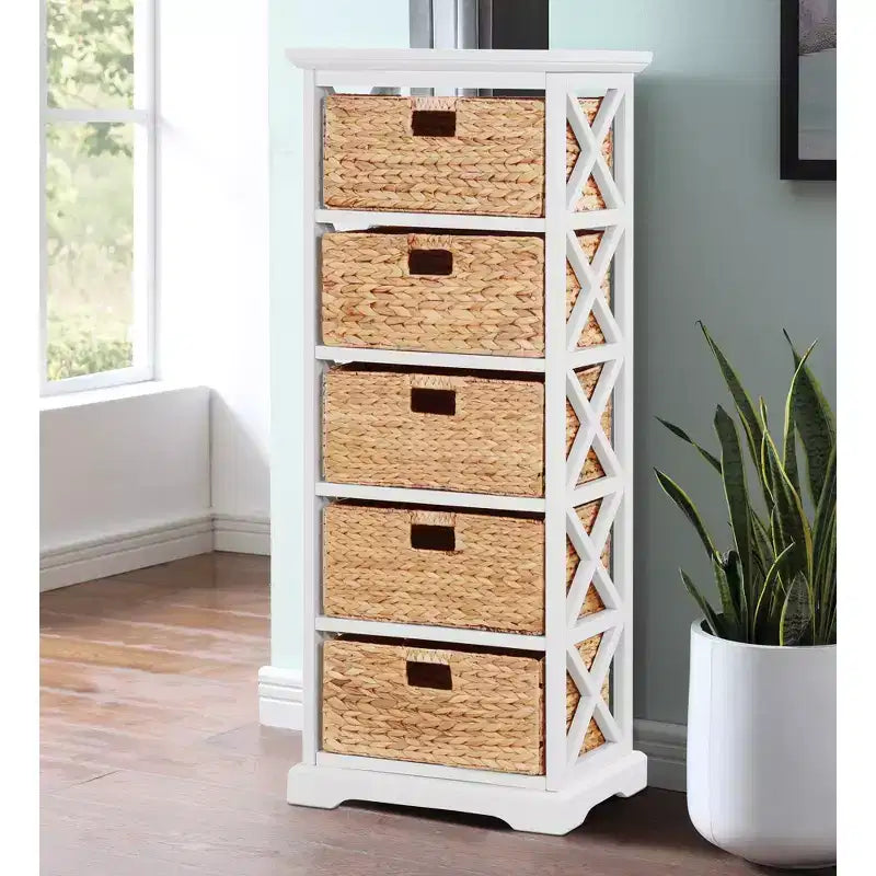 Meuble de rangement d'appoint 5 niveaux avec côté en X et 5 paniers en jacinthe d'eau naturelle