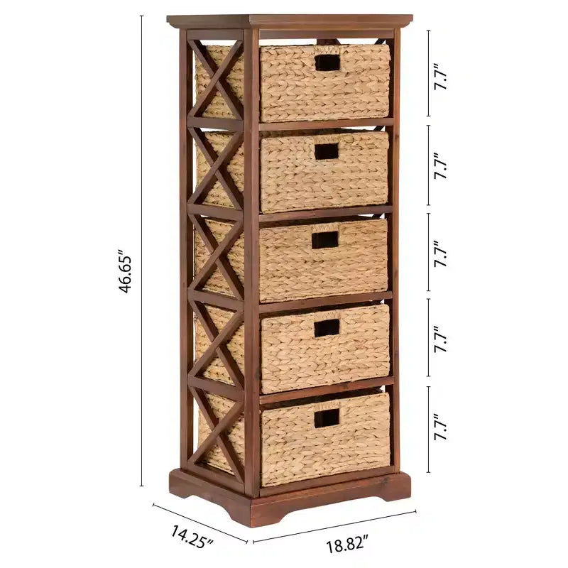 Meuble de rangement d'appoint 5 niveaux avec côté en X et 5 paniers en jacinthe d'eau naturelle