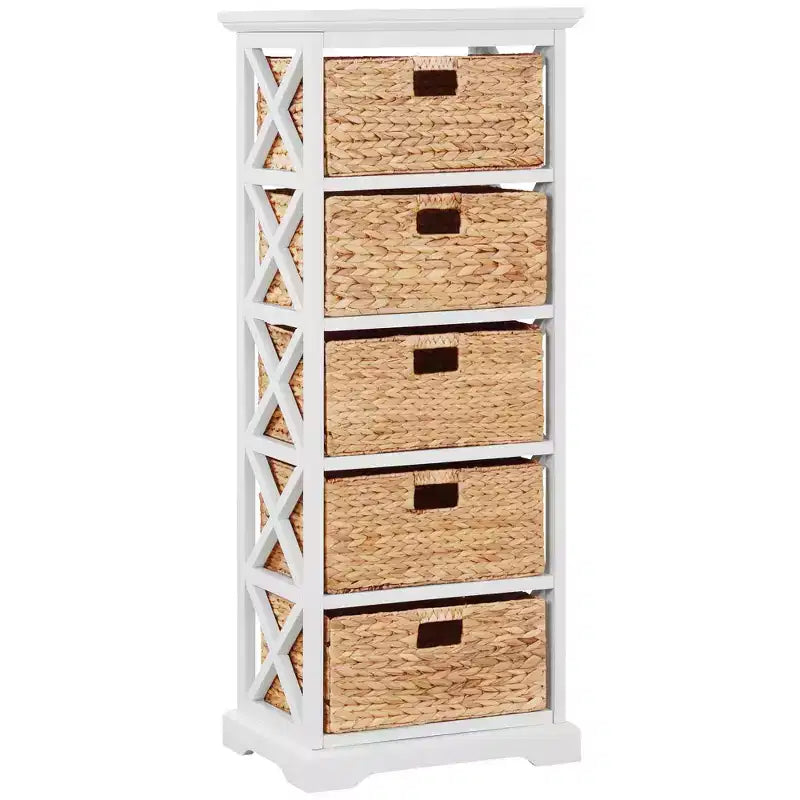 Meuble de rangement d'appoint 5 niveaux avec côté en X et 5 paniers en jacinthe d'eau naturelle
