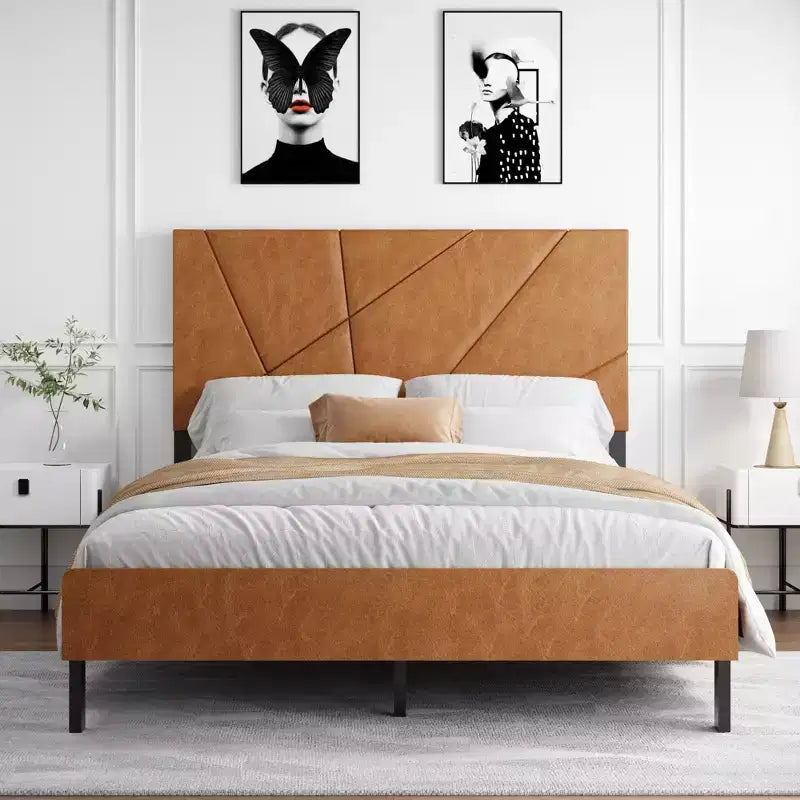 Full/Queen/King Size Upholstered Bed with Headboard, Metal Platform Bed Frame with Under Bed Storage,Antique Brown