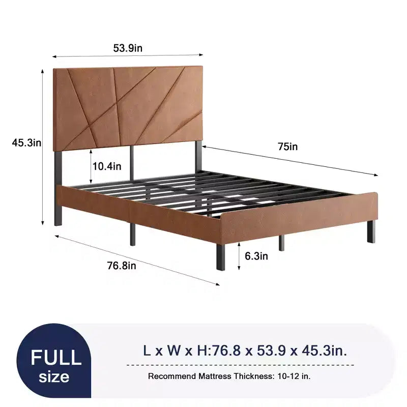 Lit rembourré double/grand lit/très grand lit avec tête de lit, cadre de lit plateforme en métal avec rangement sous le lit, marron antique