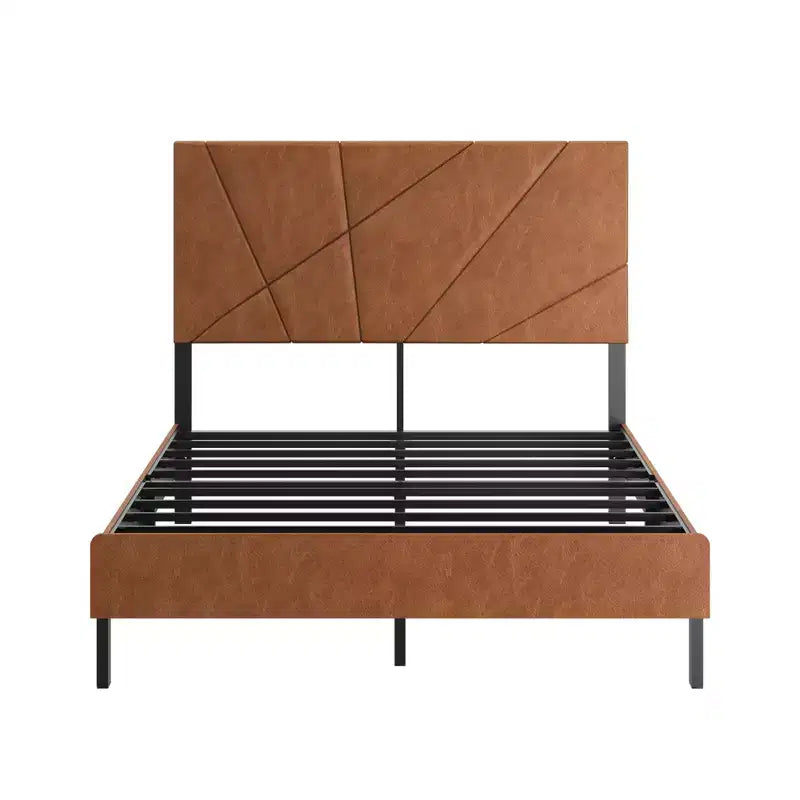 Lit rembourré double/grand lit/très grand lit avec tête de lit, cadre de lit plateforme en métal avec rangement sous le lit, marron antique