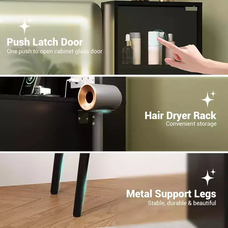 Coiffeuse avec miroir, 5 tiroirs, 3 étagères, plateau en verre, ensemble de table de maquillage pour chambre à coucher, salon