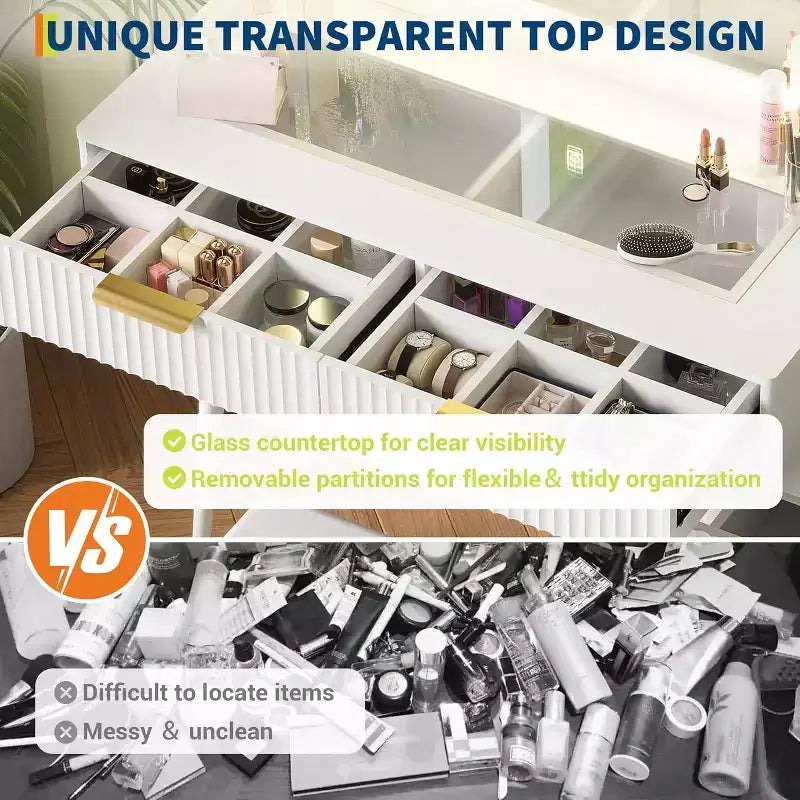Coiffeuse avec miroir, 5 tiroirs, 3 étagères, plateau en verre, ensemble de table de maquillage pour chambre à coucher, salon