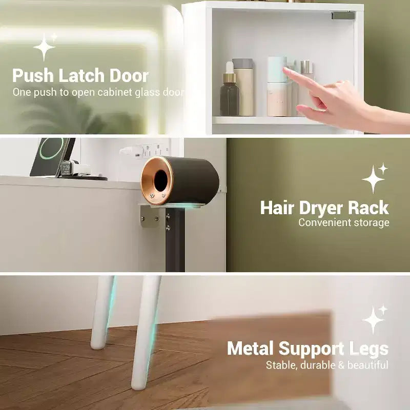 Coiffeuse avec miroir, 5 tiroirs, 3 étagères, plateau en verre, ensemble de table de maquillage pour chambre à coucher, salon