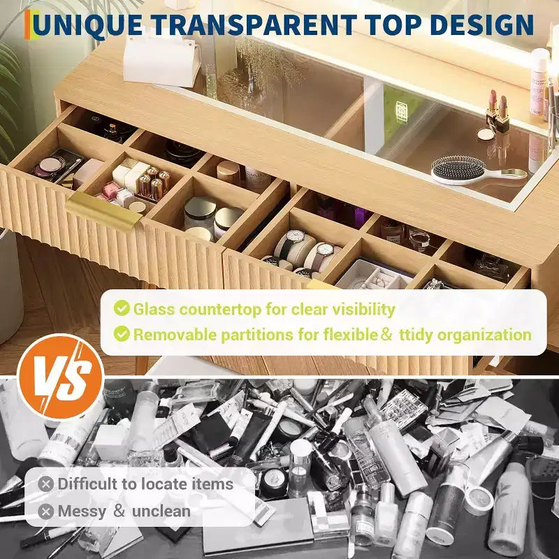 Coiffeuse avec miroir, 5 tiroirs, 3 étagères, plateau en verre, ensemble de table de maquillage pour chambre à coucher, salon