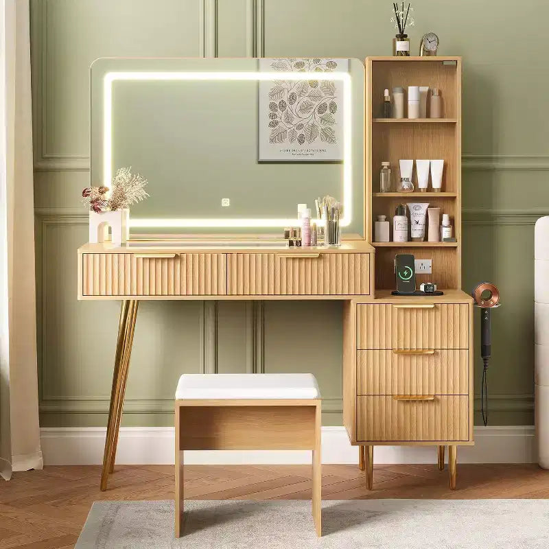 Makeup Vanity Desk, 5 Drawers, 3 Shelves, Glass Top, Bedroom Dressing Table Set, for Bedroom, Living Room