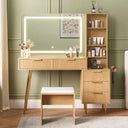 Coiffeuse avec miroir, 5 tiroirs, 3 étagères, plateau en verre, ensemble de table de maquillage pour chambre à coucher, salon