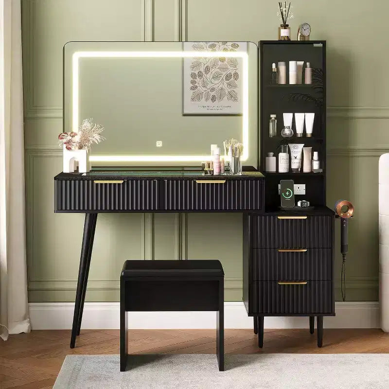 Coiffeuse avec miroir, 5 tiroirs, 3 étagères, plateau en verre, ensemble de table de maquillage pour chambre à coucher, salon
