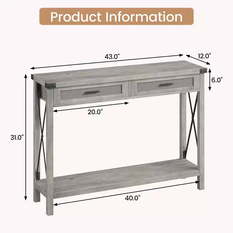 Table d'entrée de ferme, console grise avec tiroirs en rotin, table de canapé de 43 pouces avec rangement, tables consoles pour entrée, salon, couloir