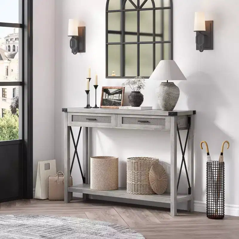 Table d'entrée de ferme, console grise avec tiroirs en rotin, table de canapé de 43 pouces avec rangement, tables consoles pour entrée, salon, couloir