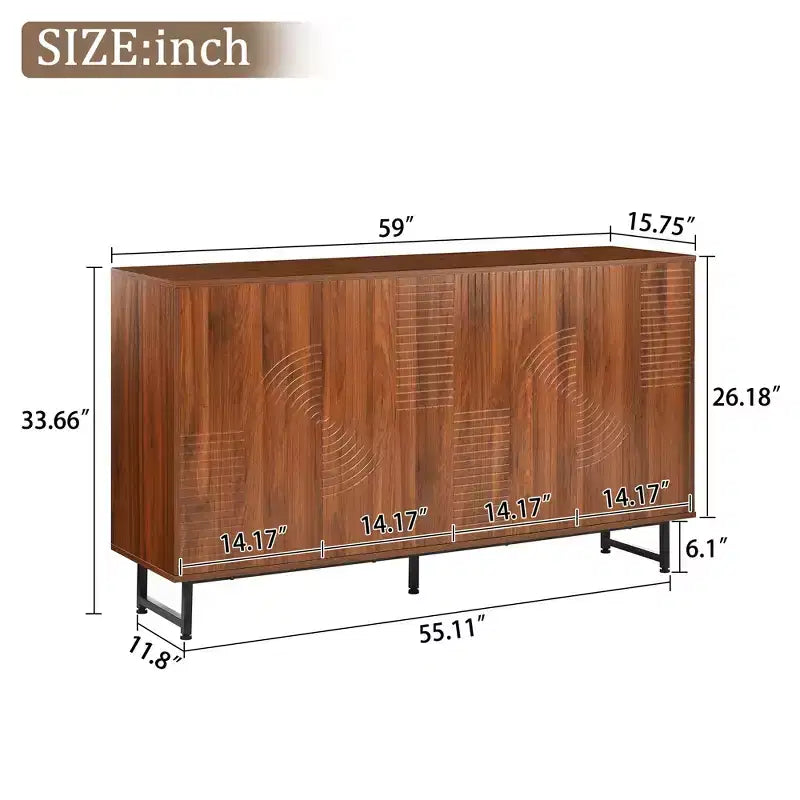 Buffet en noyer premium du milieu du siècle avec portes sculptées géométriques