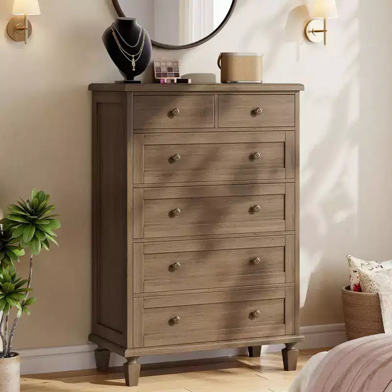 Commode haute 47 po à 6 tiroirs – Meuble vintage en bois avec poignées sculptées et pieds fuselés – Grand rangement pour chambre, salon, entrée – Meuble moderne