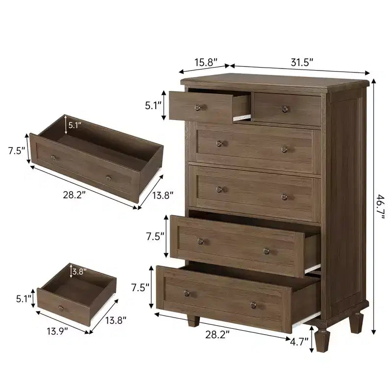 Commode haute 47 po à 6 tiroirs – Meuble vintage en bois avec poignées sculptées et pieds fuselés – Grand rangement pour chambre, salon, entrée – Meuble moderne