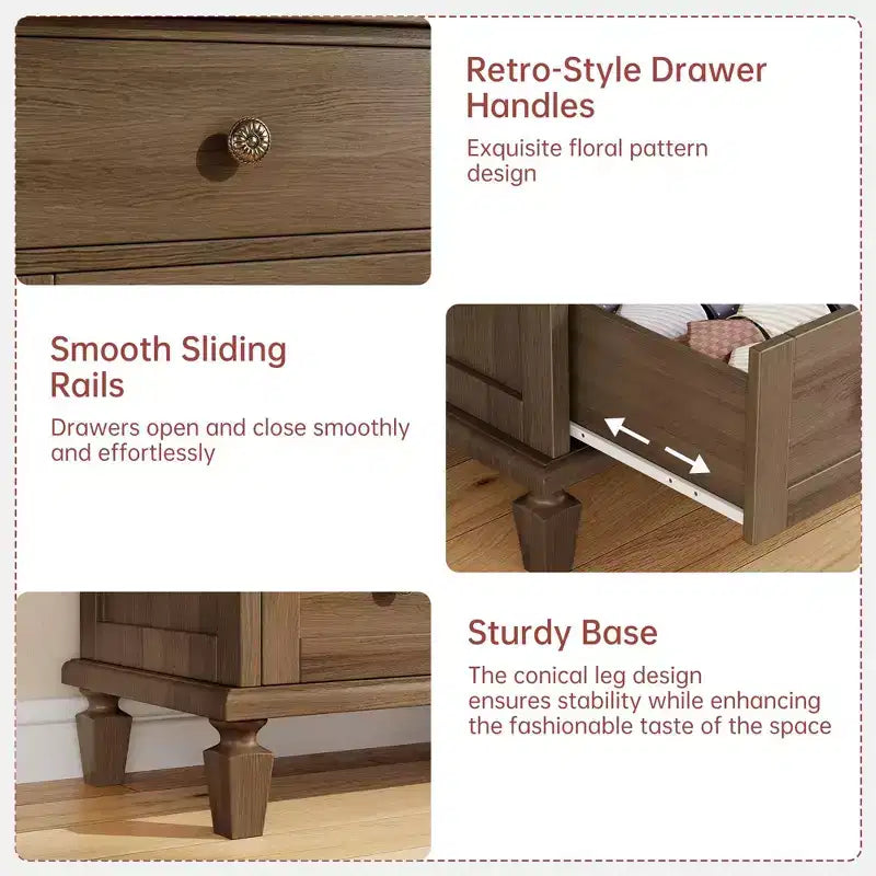 Commode haute 47 po à 6 tiroirs – Meuble vintage en bois avec poignées sculptées et pieds fuselés – Grand rangement pour chambre, salon, entrée – Meuble moderne