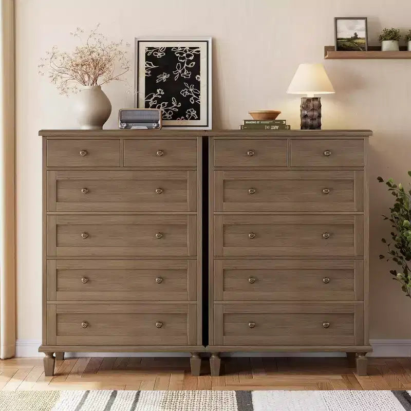 Commode haute 47 po à 6 tiroirs – Meuble vintage en bois avec poignées sculptées et pieds fuselés – Grand rangement pour chambre, salon, entrée – Meuble moderne