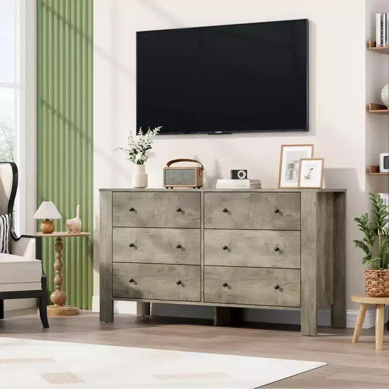 Commode de chambre large à 6 tiroirs, en bois moderne avec tiroirs de rangement profonds, poignées en métal - Idéale pour chambre d'enfant, entrée, couloir