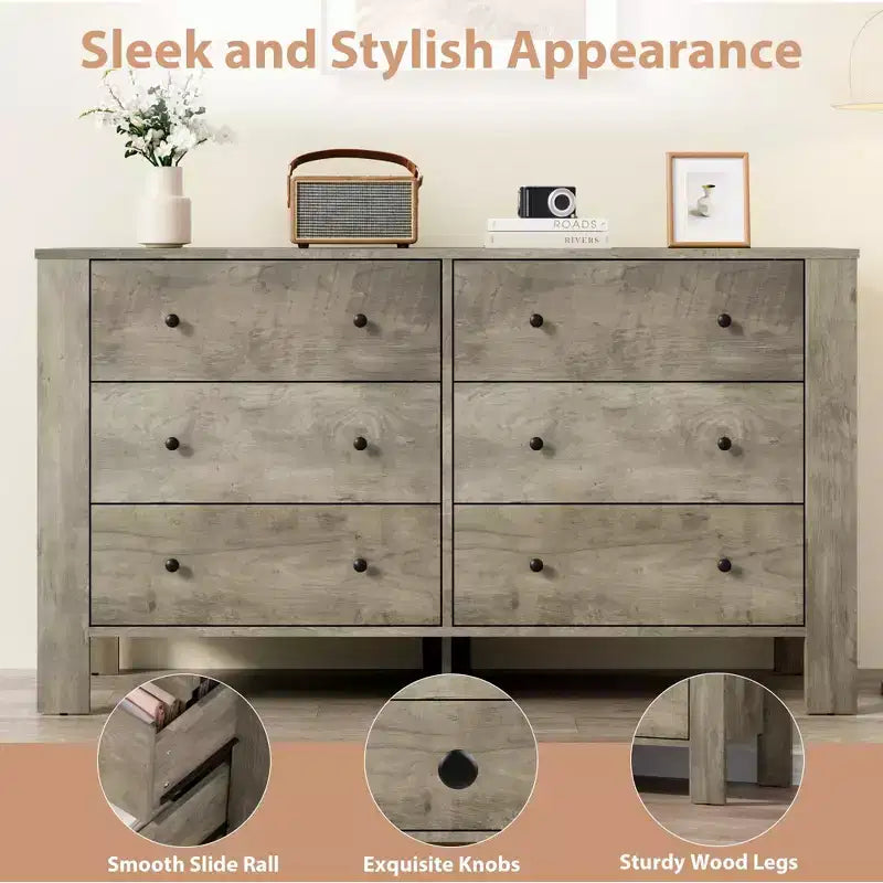 Commode de chambre large à 6 tiroirs, en bois moderne avec tiroirs de rangement profonds, poignées en métal - Idéale pour chambre d'enfant, entrée, couloir