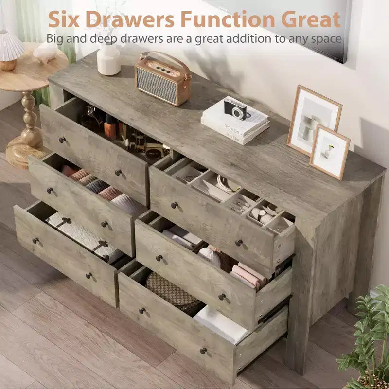 Commode de chambre large à 6 tiroirs, en bois moderne avec tiroirs de rangement profonds, poignées en métal - Idéale pour chambre d'enfant, entrée, couloir