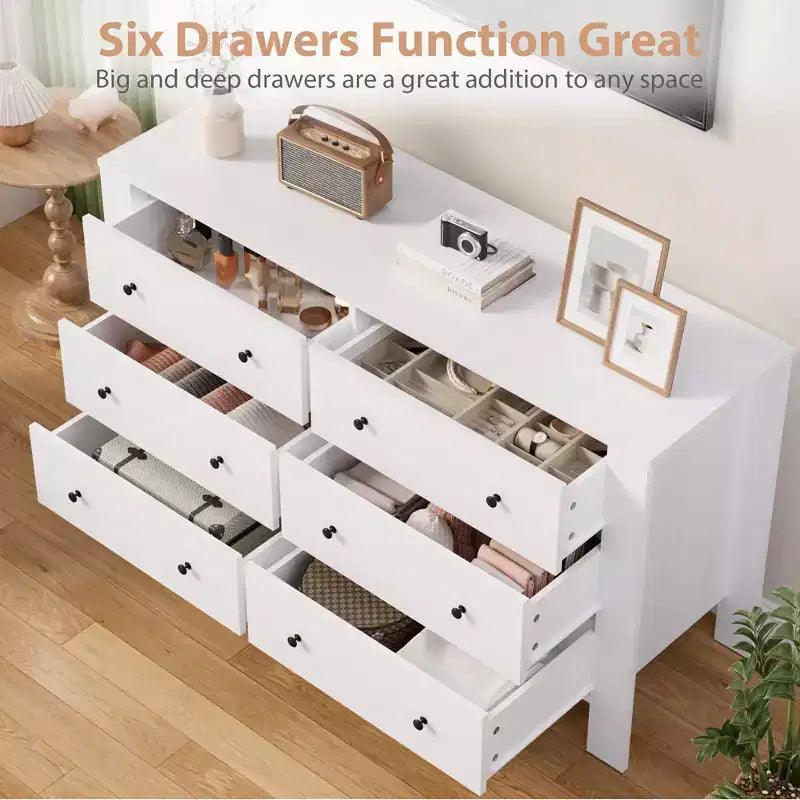 Commode de chambre large à 6 tiroirs, en bois moderne avec tiroirs de rangement profonds, poignées en métal - Idéale pour chambre d'enfant, entrée, couloir