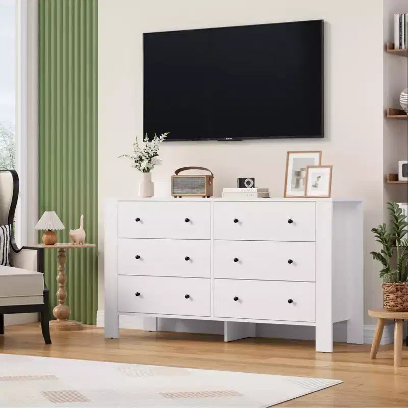 Commode de chambre large à 6 tiroirs, en bois moderne avec tiroirs de rangement profonds, poignées en métal - Idéale pour chambre d'enfant, entrée, couloir