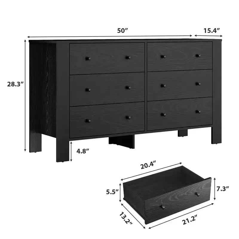 Commode de chambre large à 6 tiroirs, en bois moderne avec tiroirs de rangement profonds, poignées en métal - Idéale pour chambre d'enfant, entrée, couloir